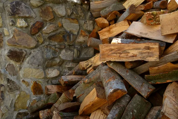 Leña Para Horno Madera Frente Pared Piedra —  Fotos de Stock