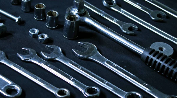Wrenches Bolts Socket Spanners Isolated Black Inclain Shot — Stock Photo, Image