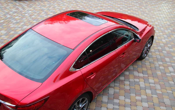 Red Car Parked Colored Paving Slabs Top View — Fotografia de Stock