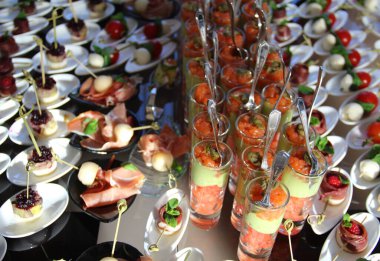 Snack starters and shot glass appetizers top view stock photo