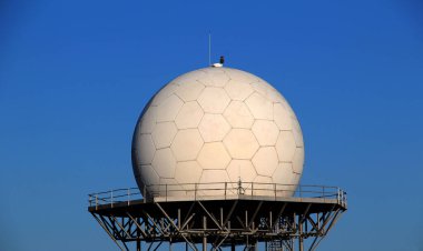 White spherical radar for satellites receiving on a metal structure isolated over blue sky