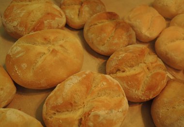 Warm wheat buns cool down on a sheet of baking parchment