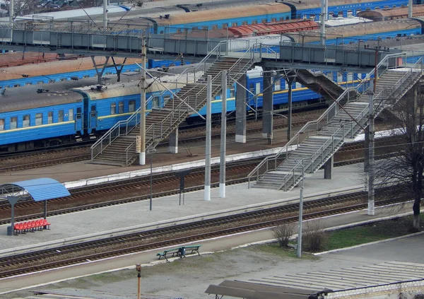 Small Railway Station Passenger Train Cars Tracks Aerial Stock Photo — Stock Photo, Image