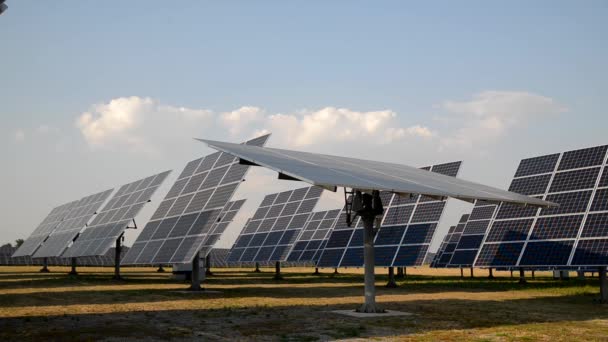 Wind Swings Solar Panels Sun Power Plant Video Footages — Stock Video