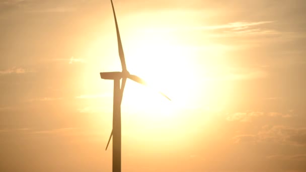 Video Van Windenergiecentrale Van Gigantische Windmolens Werken Onder Rode Hemel — Stockvideo