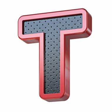 Kırmızı parlak metal ve siyah deri yazı tipi. Beyaz arkaplanda izole edilmiş T 3D resim.