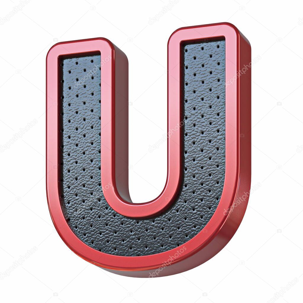 Red shinny metal and black leather font Letter U 3D render illustration isolated on white background