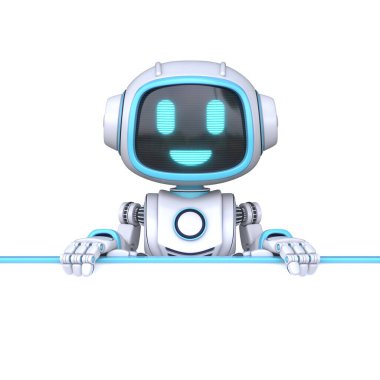 Beyaz tahta tutan sevimli mavi robot beyaz zemin üzerinde izole edilmiş resimleme 3D