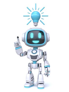 Mavi ampullü şirin mavi robotun beyaz arkaplanda izole edilmiş 3D görüntüleme fikri var.