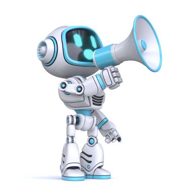 3D megafonlu şirin mavi robot. Resim beyaz arkaplanda izole edilmiş.
