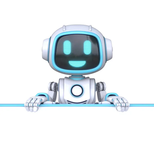 Cute Blue Robot Holding Blank White Board Rendering Illustration Isolated — Stock Photo, Image