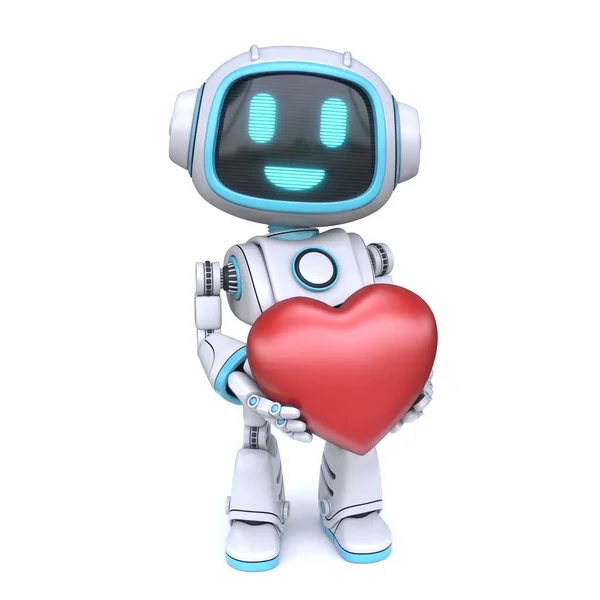 手持红心3D图形的可爱蓝色机器人在白色背景下被隔离 — 图库照片