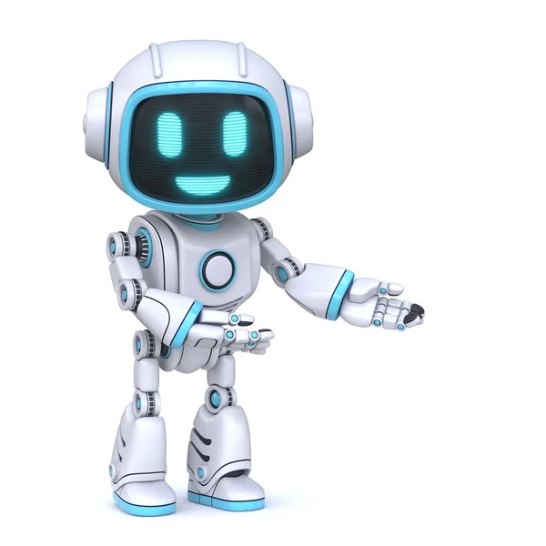 Şirin mavi robot karşılama jesti. Beyaz arka planda izole edilmiş 3D çizim.