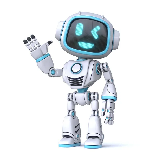 Sevimli mavi robot el sallıyor 3D görüntüleme beyaz arkaplanda izole edildi