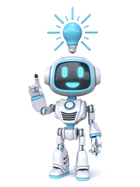 Mavi ampullü şirin mavi robotun beyaz arkaplanda izole edilmiş 3D görüntüleme fikri var.