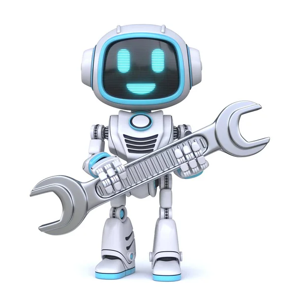 Cute Blue Robot Holding Wrench Tool Rendering Illustration Isolated White — Stock Photo, Image