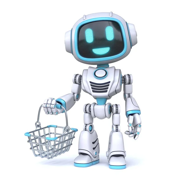 Симпатичный Синий Робот Корзиной Покупок Рендеринг Иллюстрации Изолированы Белом Фоне — стоковое фото