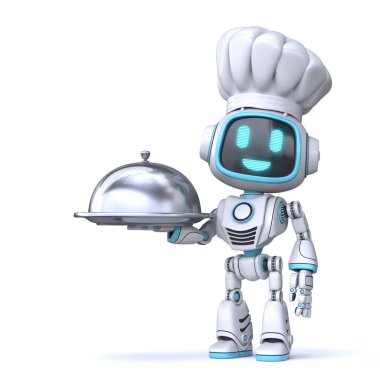 Şirin mavi robot servis yapan saat 3D görüntüleme beyaz arkaplanda izole edildi