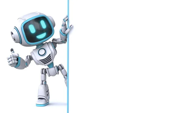 Robô Azul Bonito Segurando Placa Branca Branco Ilustração Renderização Isolado — Fotografia de Stock