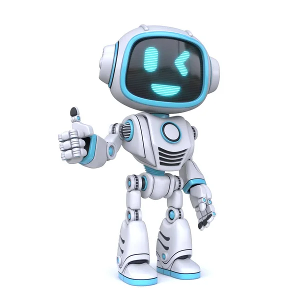 Lindo Robot Azul Que Pulgares Hacia Arriba Ilustración Renderizado Aislado —  Fotos de Stock