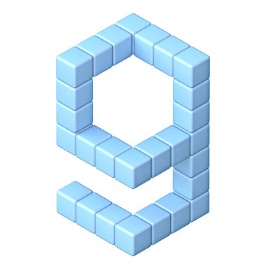 Mavi küp ortografik yazı tipi numara 9 NINE 3D resimleme beyaz arkaplanda izole