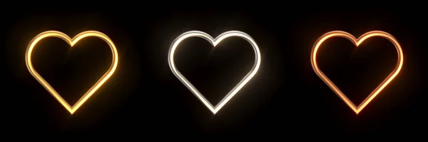 Altın Gümüş Bronz Kalpler Siyah Arkaplanda Boyutlu Görüntüleme — Stok fotoğraf