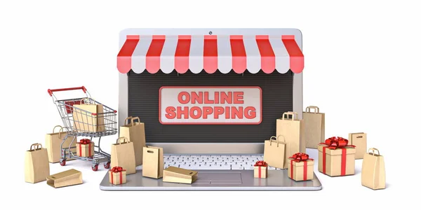 Kundvagn Väskor Och Presentförpackningar Bärbar Dator Online Shopping Koncept Rendering — Stockfoto