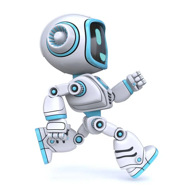 Roztomilý Modrý Robot Běží Vykreslování Ilustrace Izolované Bílém Pozadí — Stock fotografie