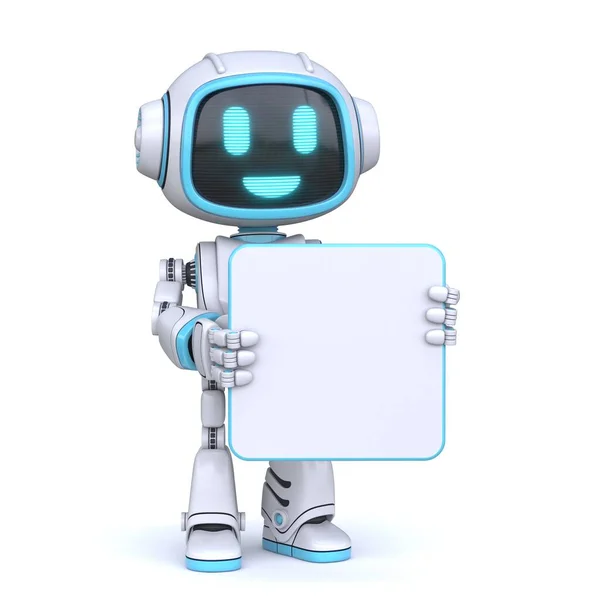 Robô Azul Bonito Segurando Placa Quadrada Branco Ilustração Renderização Isolado — Fotografia de Stock