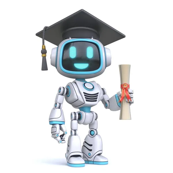 Söt Blå Robot Med Examen Hatt Och Diplom Rendering Illustration — Stockfoto