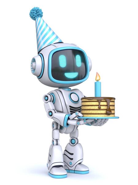 Cute blue robot hold birthday cake 3D rendering illustration isolated on white background