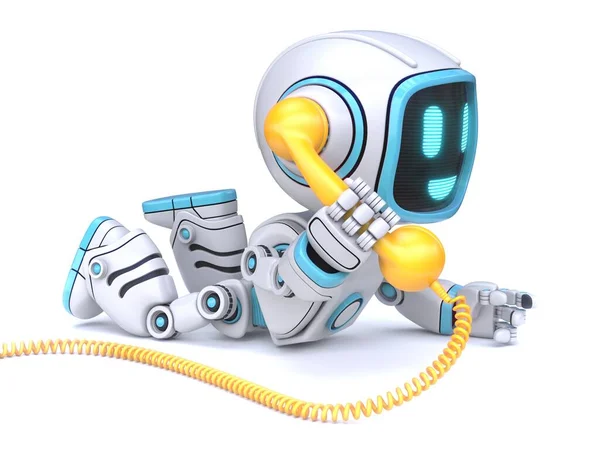 Симпатичный Синий Робот Держит Желтую Телефонную Гарнитуру Рендеринга Иллюстрация Изолирована — стоковое фото