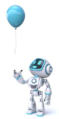 Şirin mavi robot uçan balona bak. 3D görüntüleme, beyaz arkaplanda izole edilmiş.