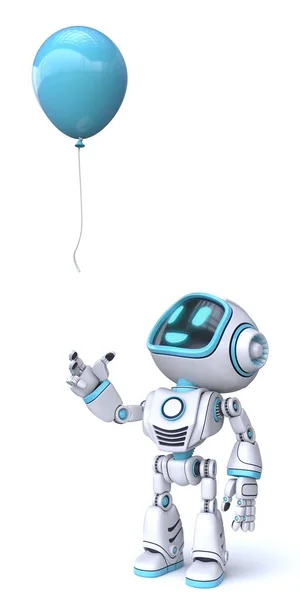 Lindo Robot Azul Mira Globo Volador Representación Ilustración Aislada Sobre —  Fotos de Stock
