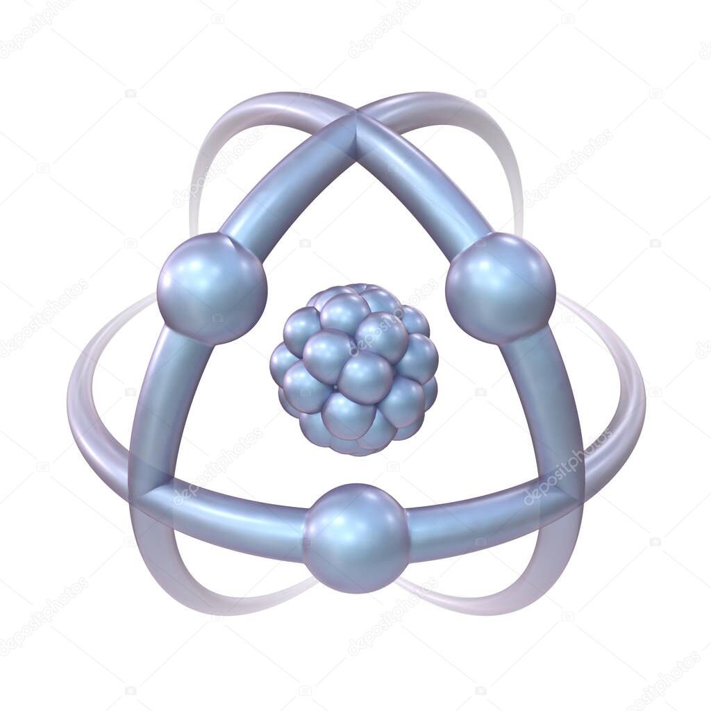 Blue atom sign 3D rendering illustration isolated on white background