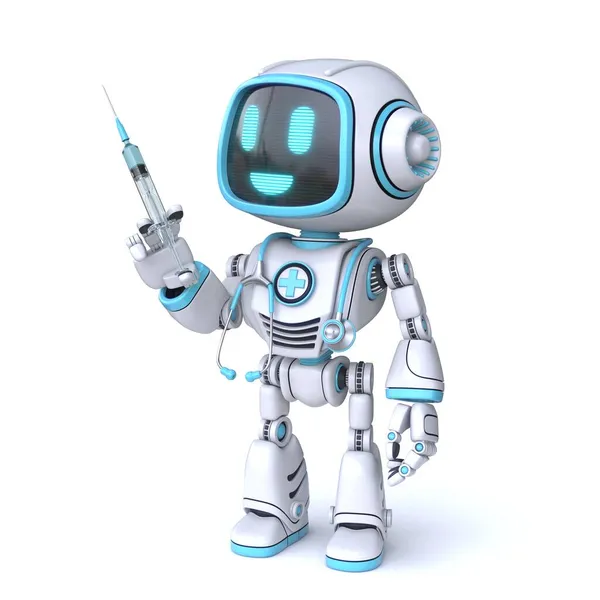 Médico Robô Azul Bonito Com Uma Injeção Estetoscópio Ilustração Renderização — Fotografia de Stock