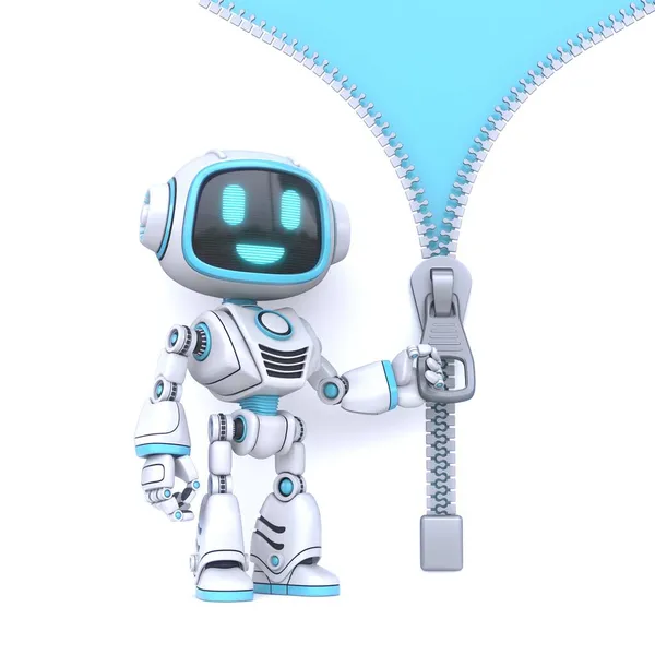 Симпатичный Голубой Робот Открывает Молнию Фон Рендеринга Иллюстрация Изолирована Белом — стоковое фото