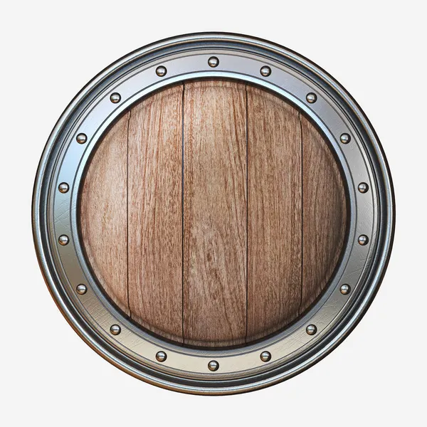 Okrągła Drewniana Tarcza Ramą Stalową Ilustracja Renderowania Izolowane Białym Tle — Zdjęcie stockowe