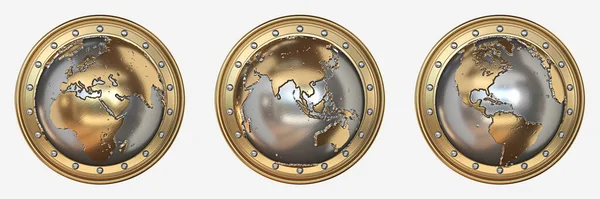 Tres Escudos Globo Oro Representación Ilustración Aislada Sobre Fondo Blanco —  Fotos de Stock