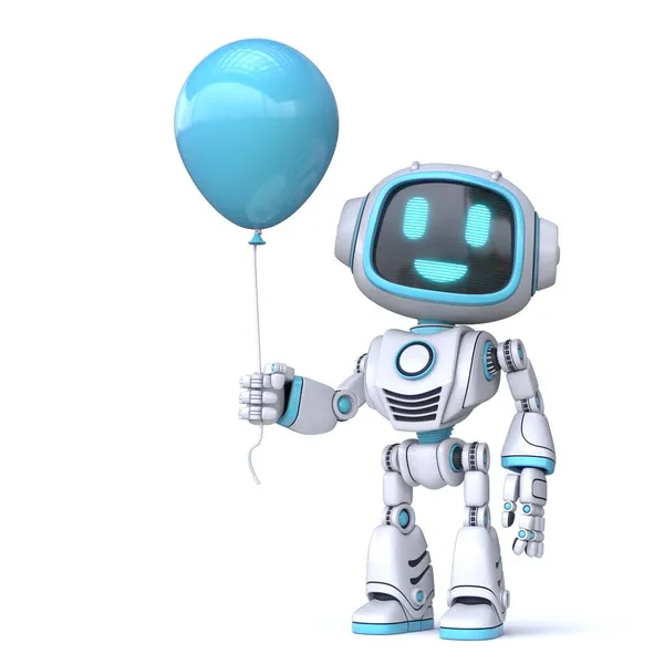 Симпатичный Синий Робот Держит Синий Воздушный Шар Рендеринг Иллюстрации Изолированы — стоковое фото