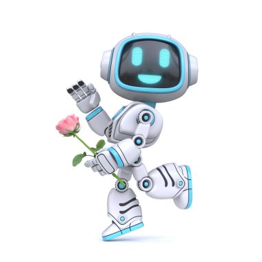Sevimli mavi robot beyaz arka planda izole edilmiş gül 3D görüntüleme tutuşu