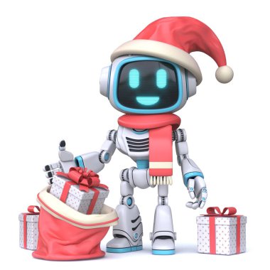 Yeni yıl hediyeli şirin mavi robot. Beyaz arkaplanda 3 boyutlu görüntüleme.