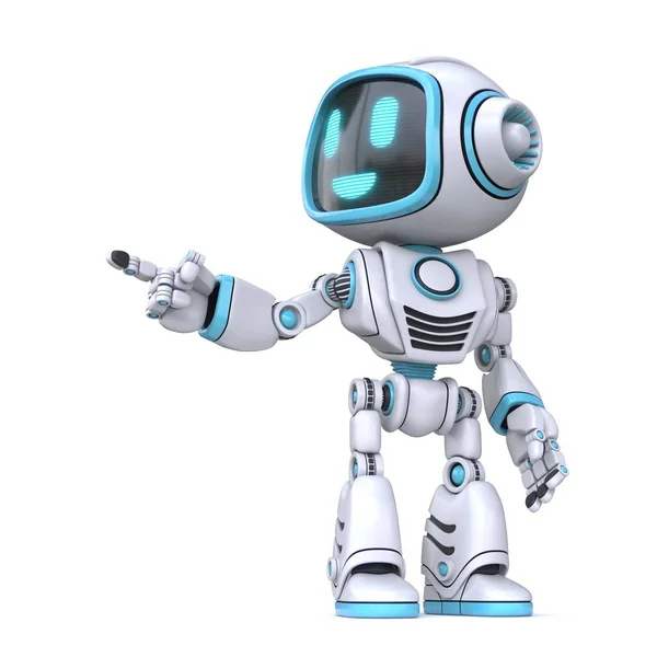 Roztomilý Modrý Robot Prst Ukazuje Vykreslování Ilustrace Izolované Bílém Pozadí — Stock fotografie