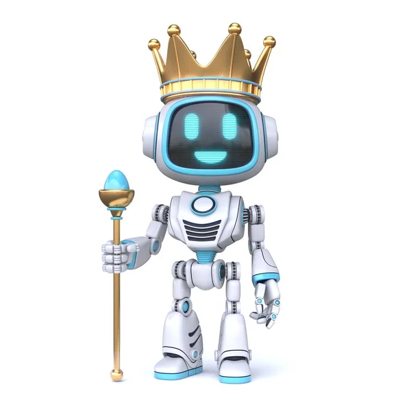 Lindo Robot Azul Con Corona Rey Robot Representación Ilustración Aislada —  Fotos de Stock