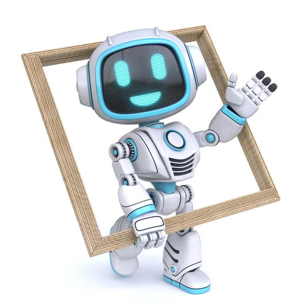 Lindo Robot Azul Sostiene Marco Madera Ilustración Renderizado Aislada Sobre —  Fotos de Stock