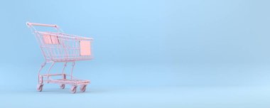 Pembe alışveriş arabası 3D görüntüleme mavi arkaplanda izole edildi