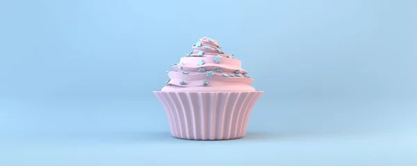Ροζ Cupcake Απεικόνιση Απόδοση Απομονώνονται Μπλε Φόντο — Φωτογραφία Αρχείου