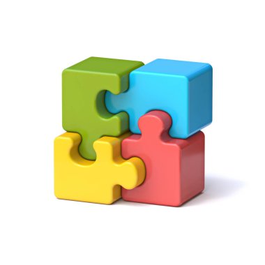 Üç boyutlu dört yapboz parçası beyaz arkaplanda izole edilmiş resimleme