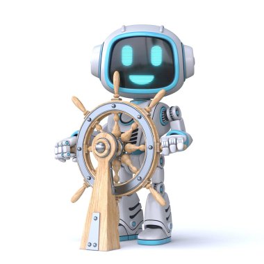 Şirin mavi robot, 3D tekeri tutuyor. Resim beyaz arkaplanda izole edilmiş.