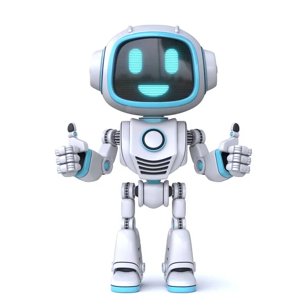 Симпатичный Синий Робот Отдающий Большие Пальцы Трехмерной Иллюстрации Выделенной Белом — стоковое фото